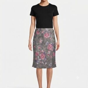 Sense Skirt Womems Medium USA Gray Pink Floral Rose Print Midi Elastic Waist